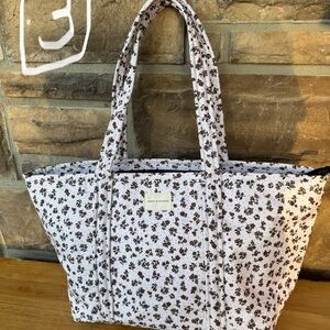 Poppy & Peonies White Floral Tote Bag with Brown Print